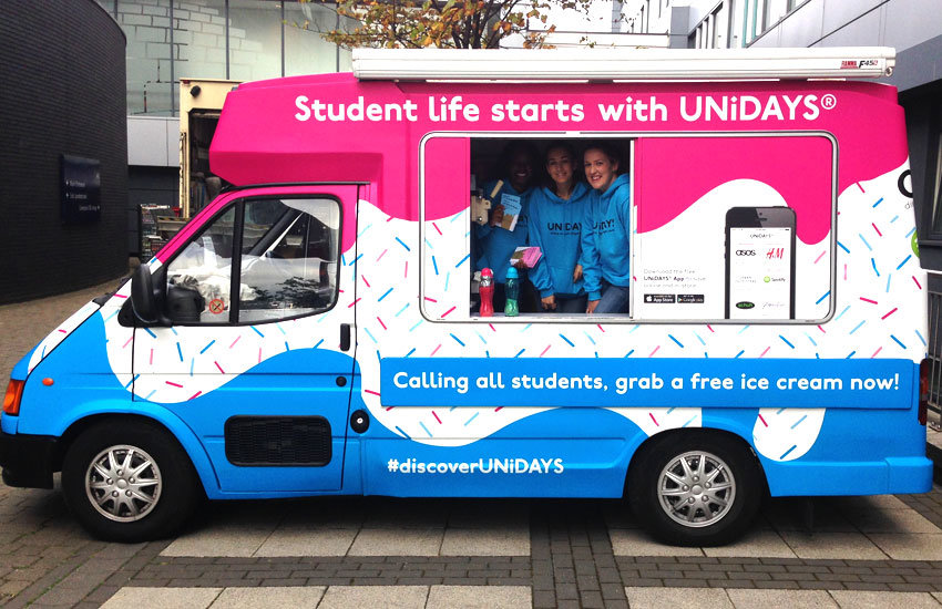 iMP provided a branded ice cream van/promo vehicle to promote UNiDAYS UNiDAYS Ice cream van hire, promo vehicle hire