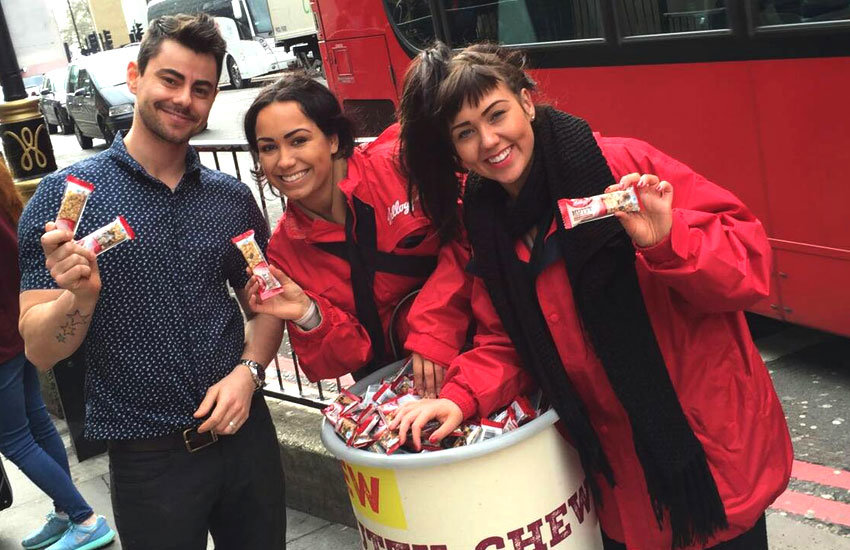 iMP sampling agency provided product sampling staff to support an experiential marketing campaign for Kellogg's iMP sampling agency distributing new Nutty Chewy cereal bars for Kellogg's
