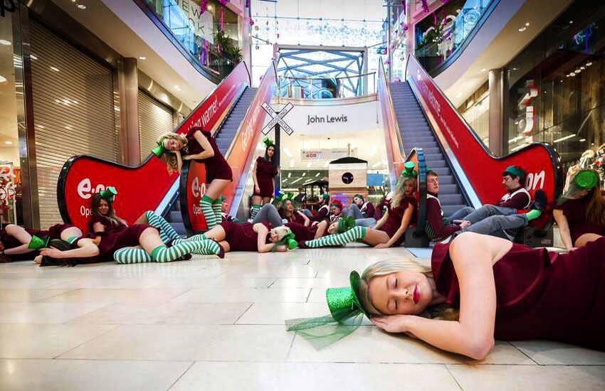 iMP supplied dozens of Christmas elves for a flash mob campaign in a shopping centre iMP flashmob Christmas elves