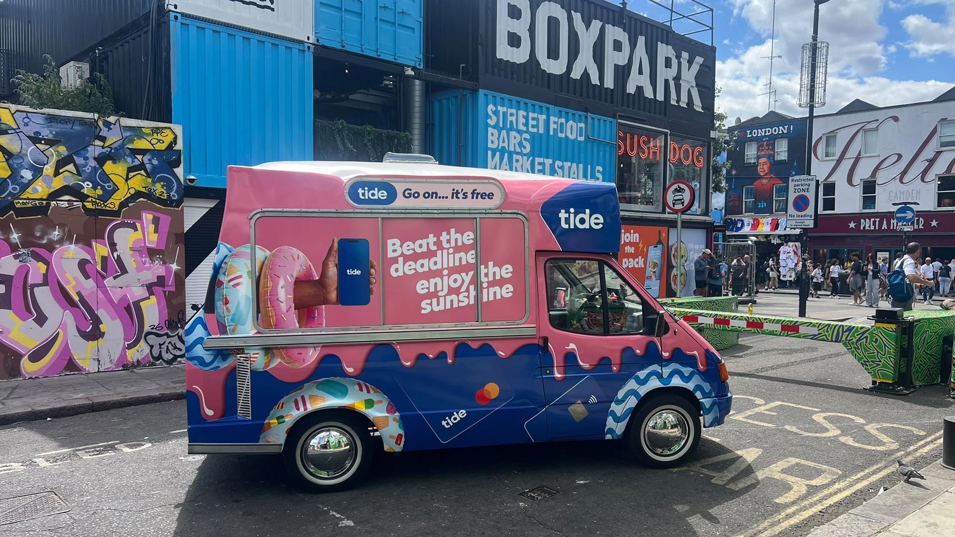 Pop up branded ice cream van for Tide Banking at Boxpark
