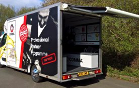 Exhibition vehicle with awning for mobile experiential, trade shows and events