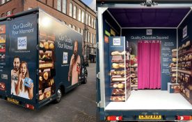 Split view showing fully wrapped exhibition van exterior and custom photo booth interior