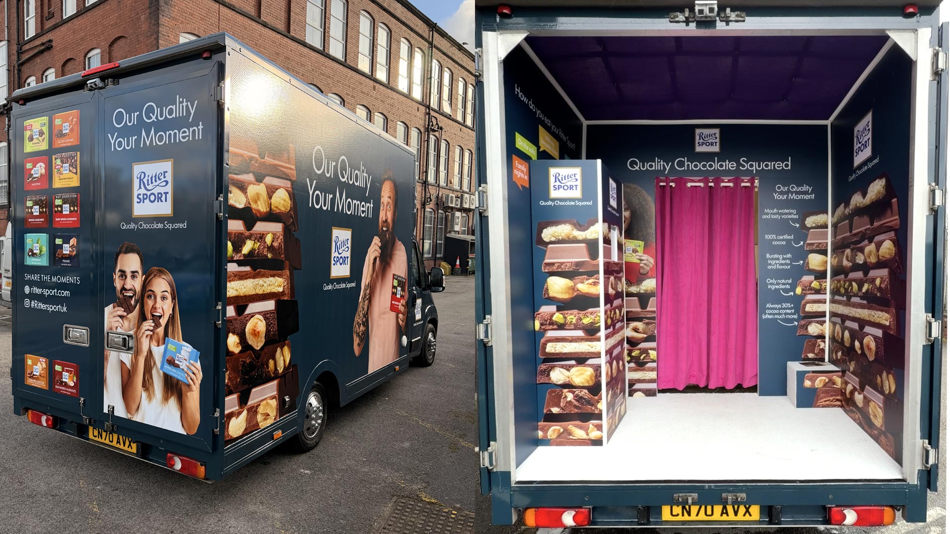 Split view showing fully wrapped exhibition van exterior and custom photo booth interior