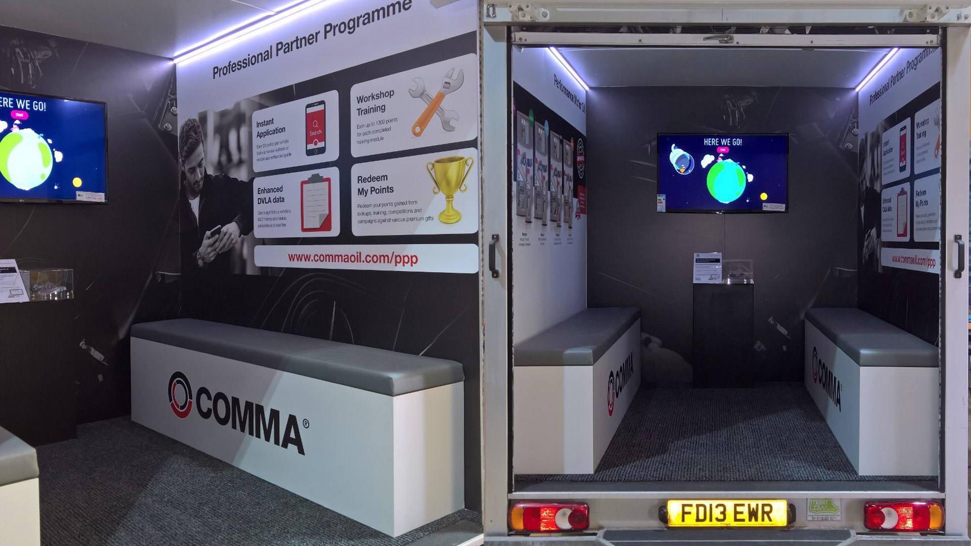 Internal experiential van fit out with seating and LED screen