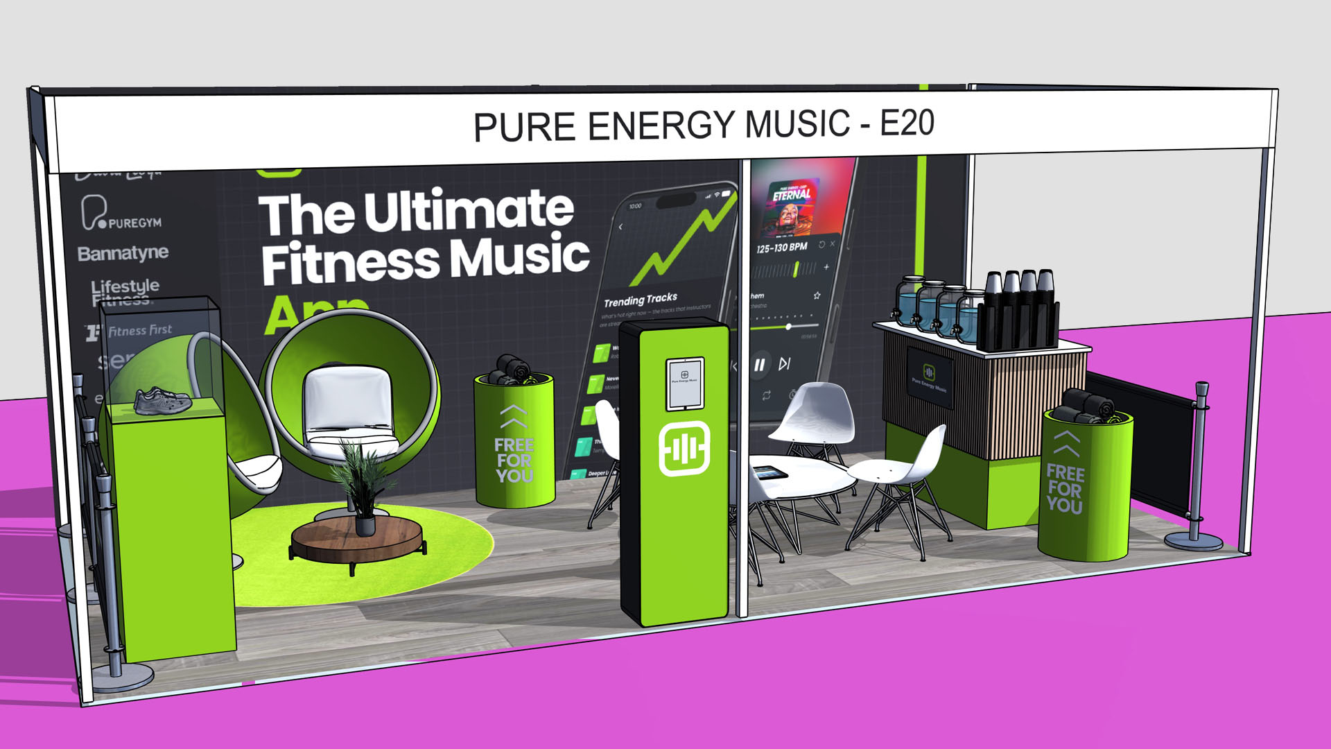 3D digital rendering of an experiential pop-up layout showing interactive brand displays and spatial planning